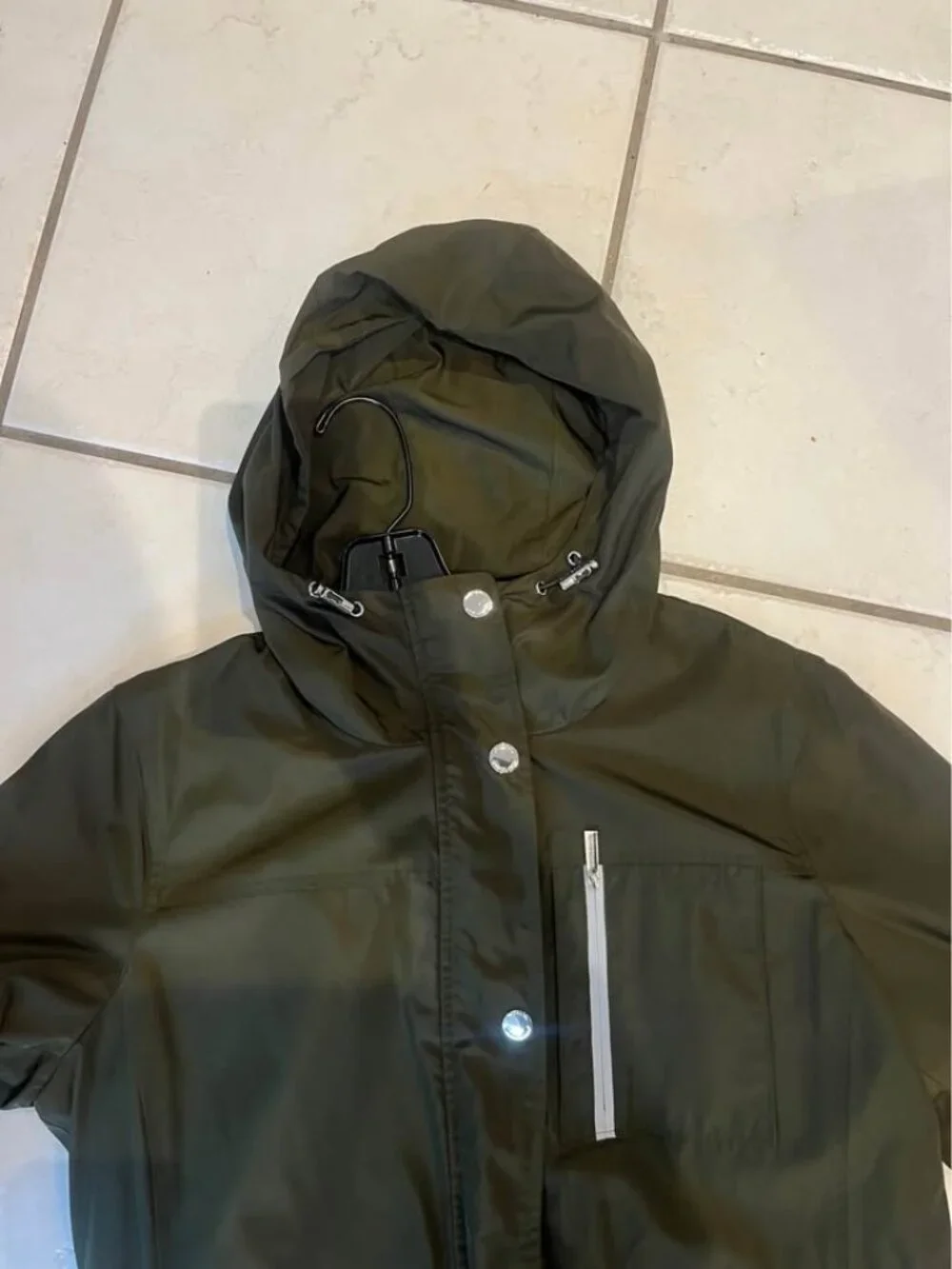 Michael Kors hooded jacket olive green silver buttons cinch waist